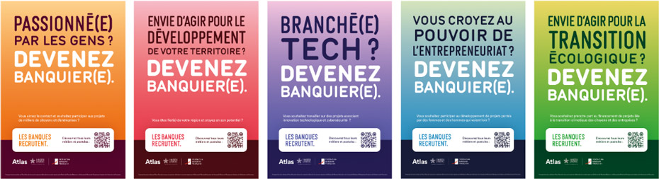 Passionée par les gens - Devenez banquière - Envie d'agir pour le développement de votre territoire ? - Devenez banquière - Branchée tech - Devenez banquière - Vous croyez au pouvoir de l'entrepreneuriat ? - Devenez banquière - Envie d'agir pour la transition écologique - Devenez banquière