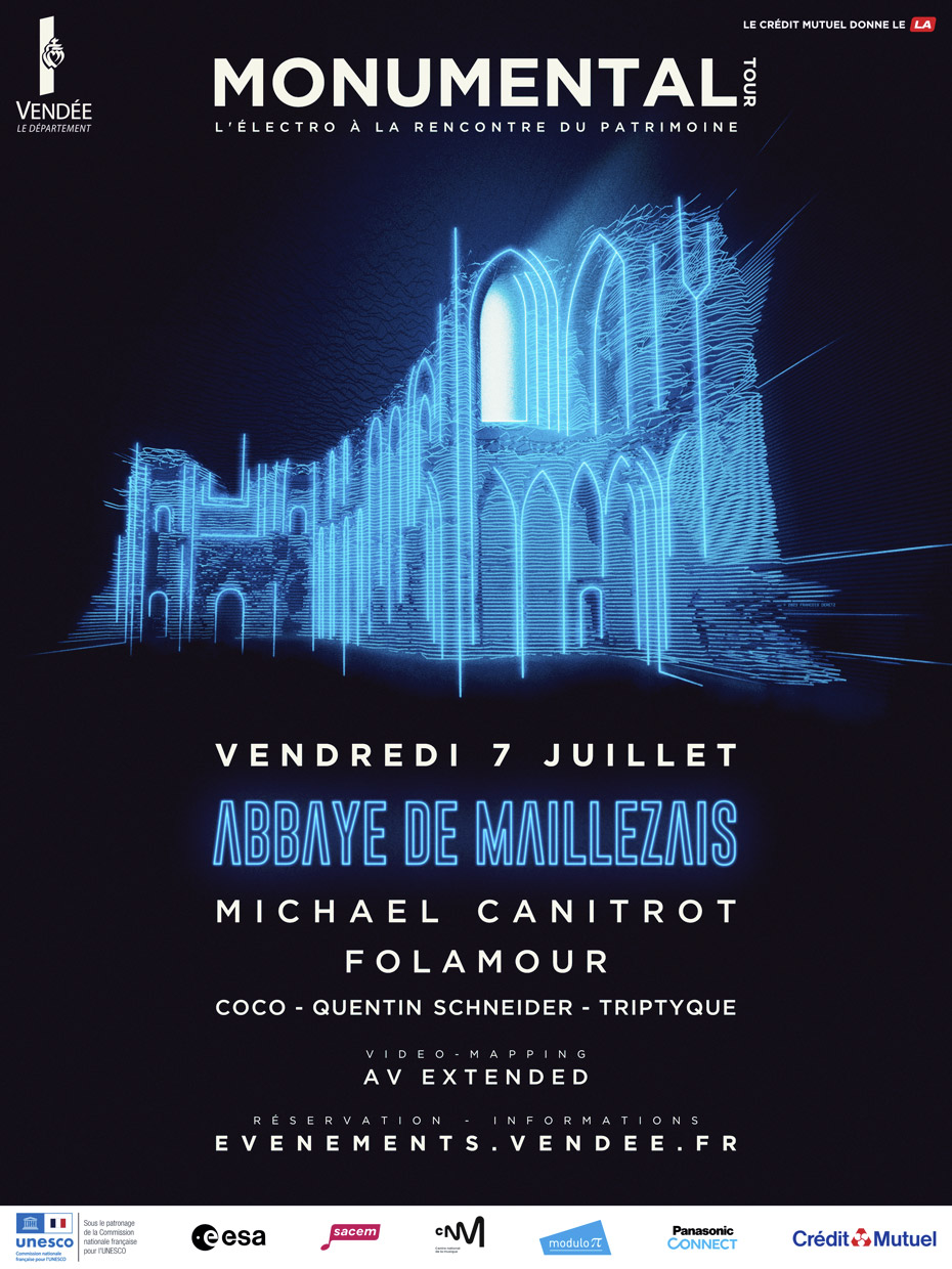 Vendée le département - Monumental Tour l'ectro à la recherche du patrimoine - le crédit mutuel donne le LA - vendredi 7 juillet - abbaye de Maillezais - Michaël Canitrot - Folamour - coco - quentin schneider - triptyque - video-mapping av extended - réservation-informations - evenements.vendee.fr - logos : unesco - eesa - sacem - cnm - modulo - panasonic connect - crédit mututel